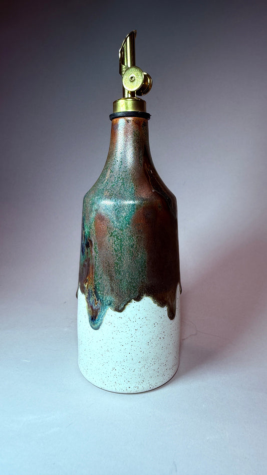 Ceramic-style decanter bottle with hinged pour spout and stopper, blue-green glazed