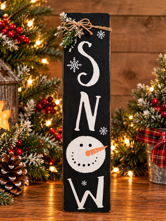 Black SNOW holiday sign with snowflakes and snowman, vertical chalkboard style