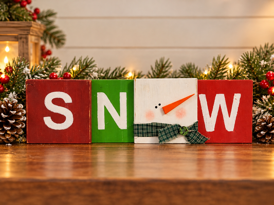 Wooden block sign spelling SNOW with red, green, and white blocks