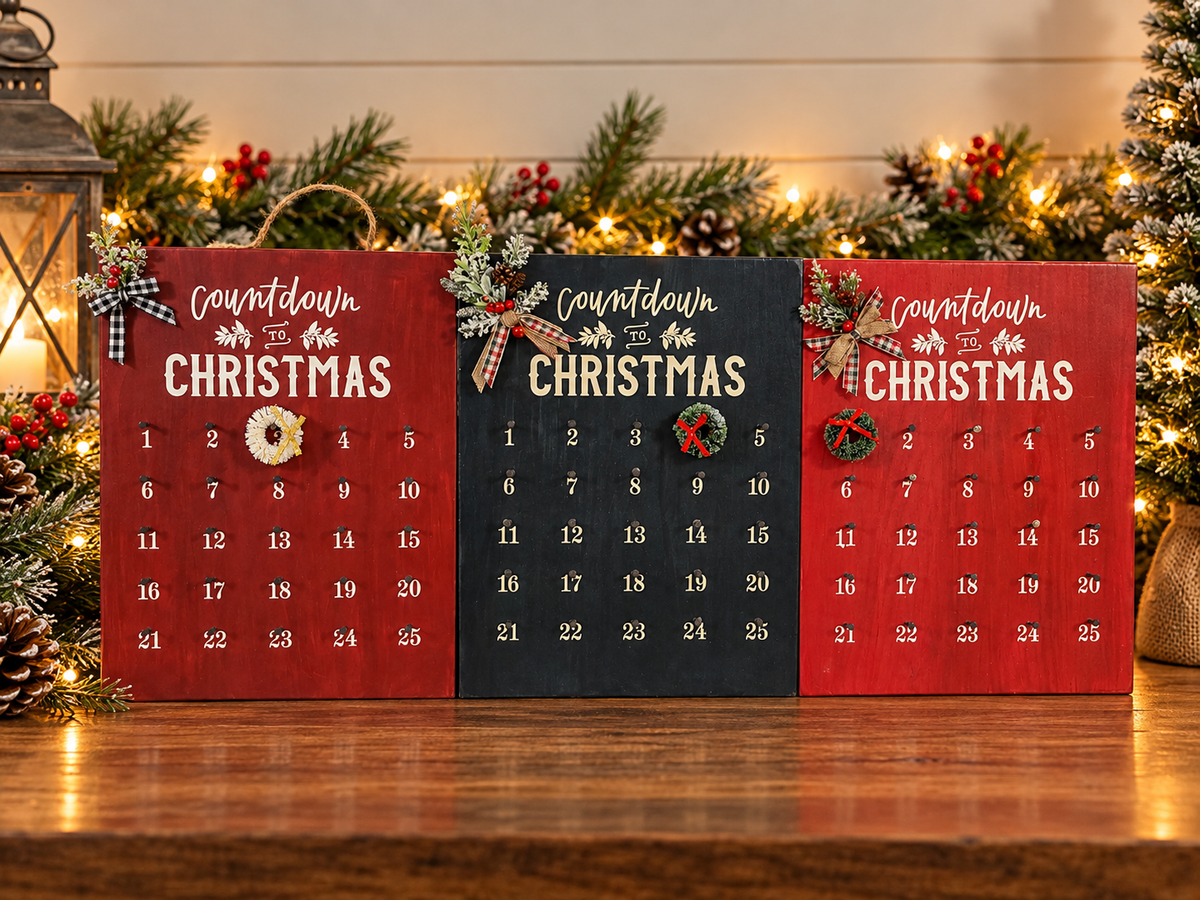 Countdown to Christmas calendar set with three panels in red, dark, and green, numbered days