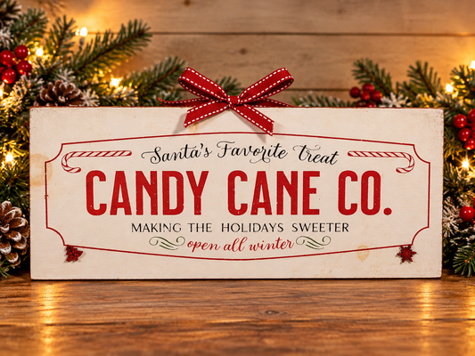 Wood candy cane shop sign with red ribbon bow and holiday lettering "CANDY CANE CO."