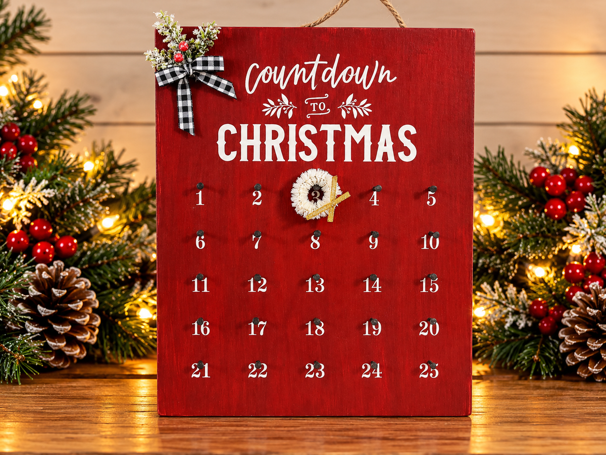 Countdown to Christmas calendar with red board, ribbon bow, wreath ornament, numbered days 1–25