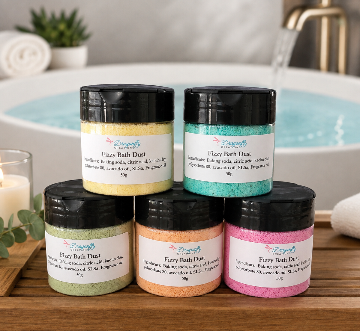 Bath dust jar set with black lids: beige, teal, green, orange, and pink powders
