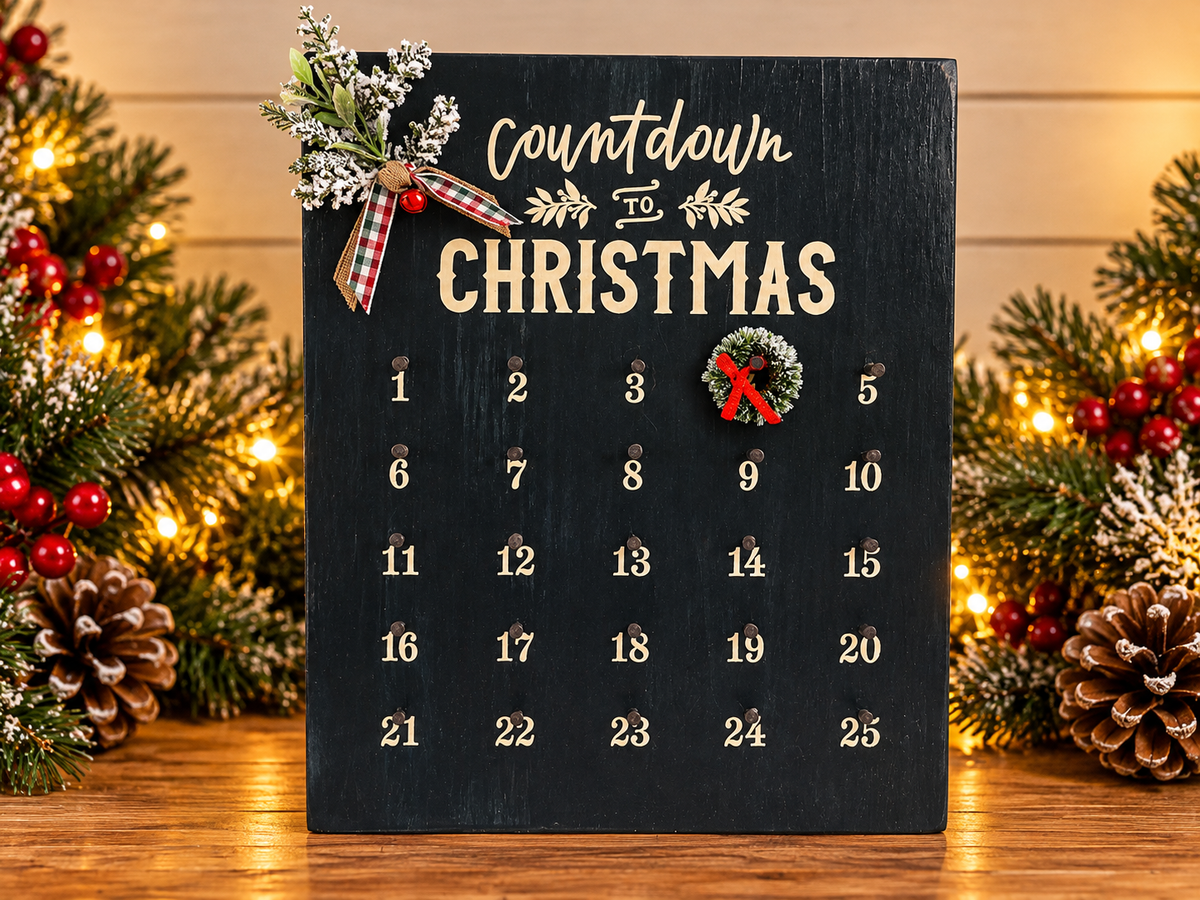 Countdown to Christmas calendar with dark board, bow topper, and wreath icon over numbered days