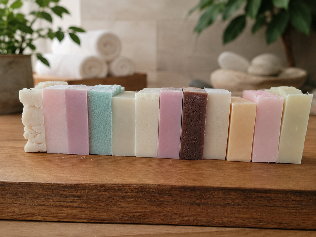 Assorted handmade soap bars in multiple colors, lined up on wooden board