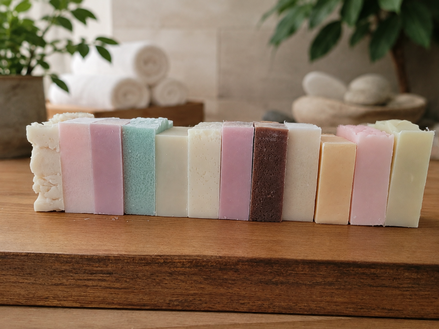 Assorted handmade soap bars in multiple colors, lined up on wooden board