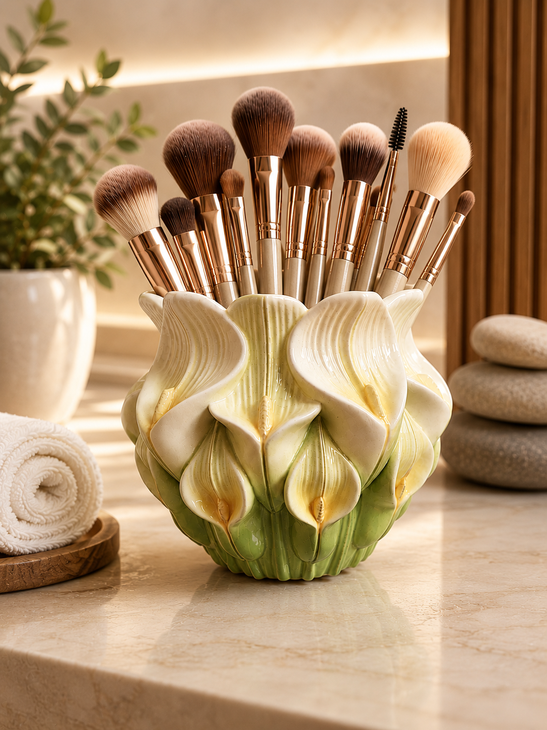 Green and white calla lily vase holding makeup brushes with gold handles