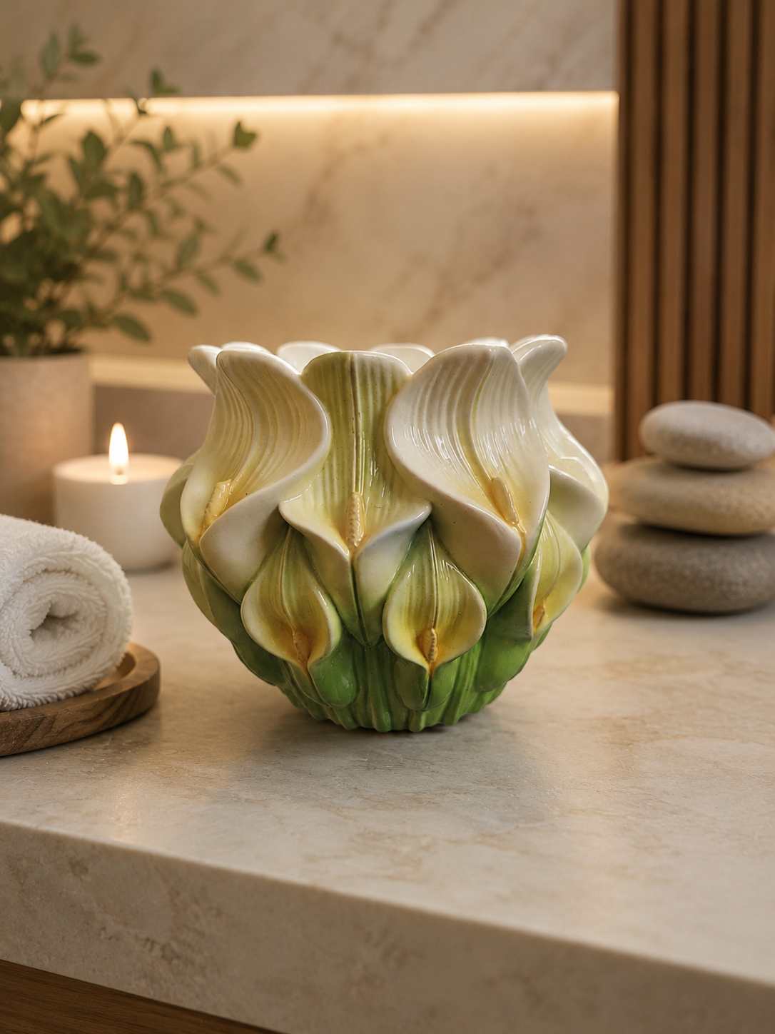 Green and white calla lily vase with scalloped petal rim and tapered base