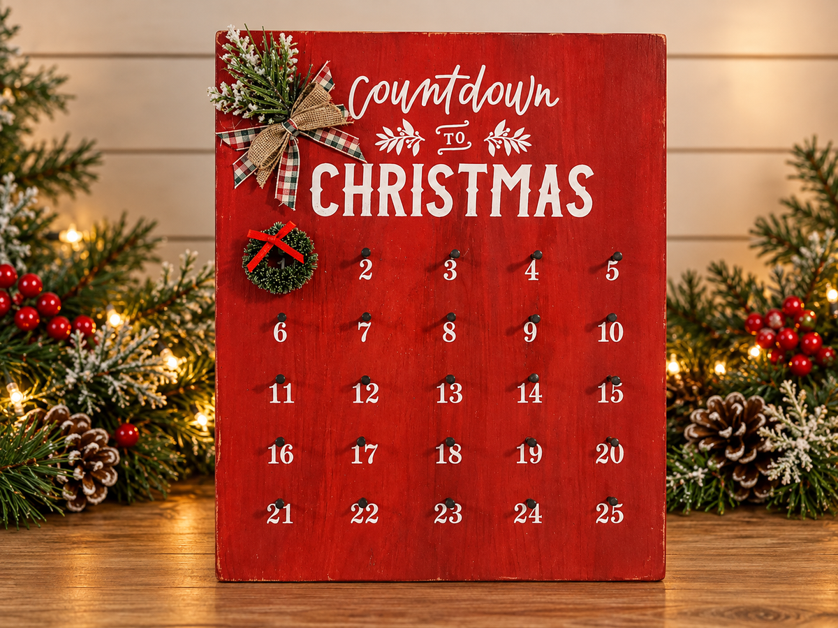 Countdown to Christmas calendar with red board, pine sprig and bow topper, numbered days 1–25