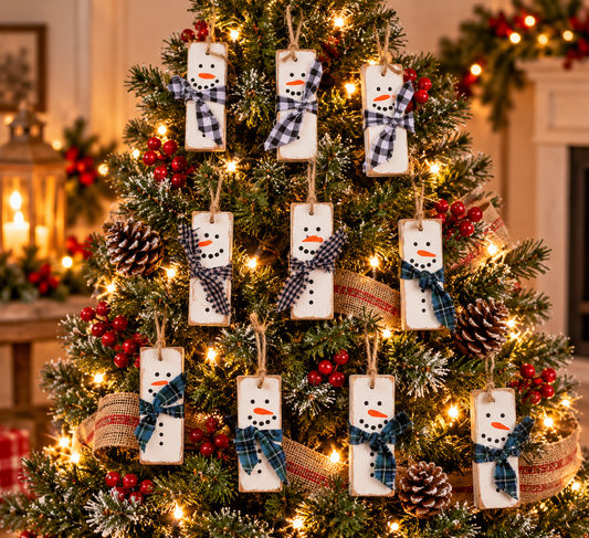 Hanging snowman ornaments, white tags with orange nose and blue plaid scarf