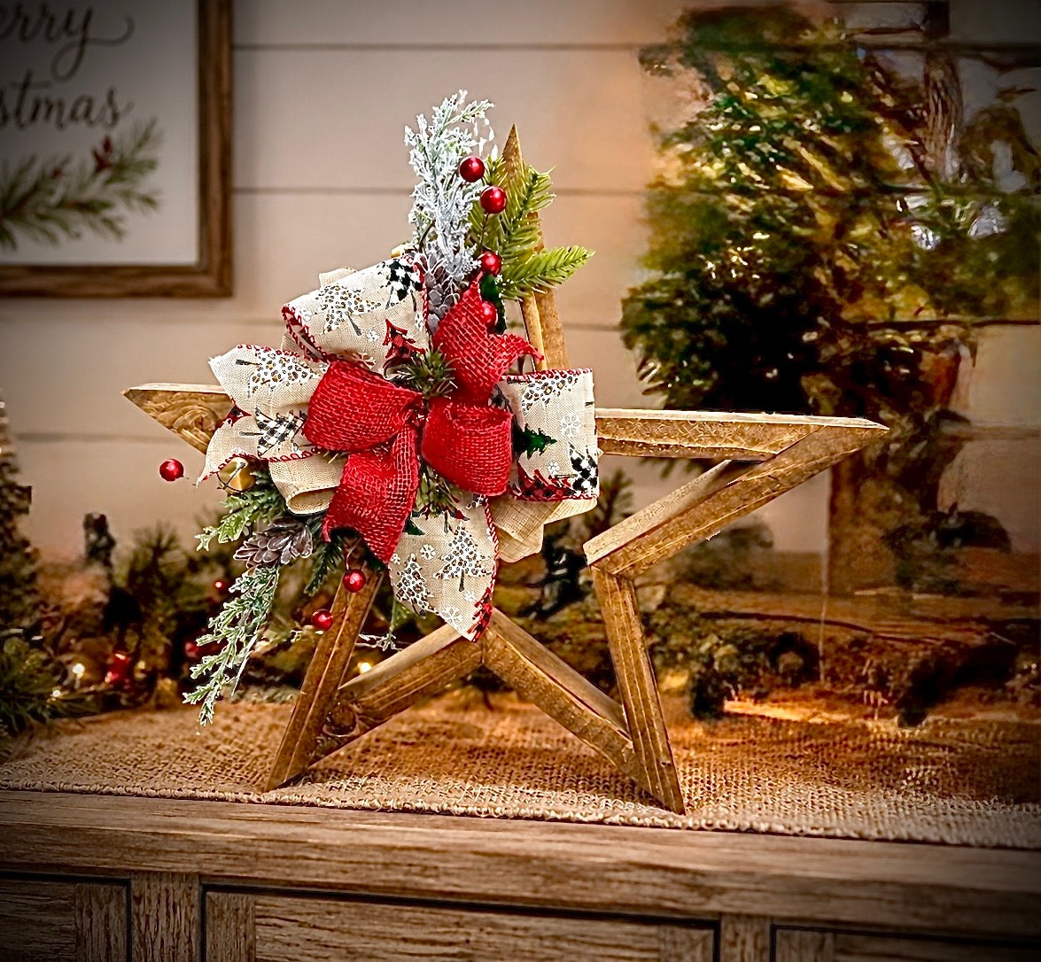 Wooden Holiday Star with Red and Cream Bow
