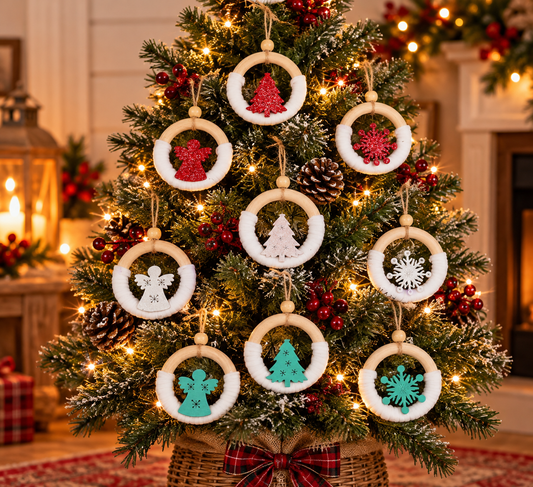 Set of hoop Christmas ornaments with white fabric trim and red, white, green center cutouts