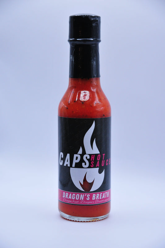 Hot sauce bottle with black cap and red label, Dragon's Breath and flame logo.