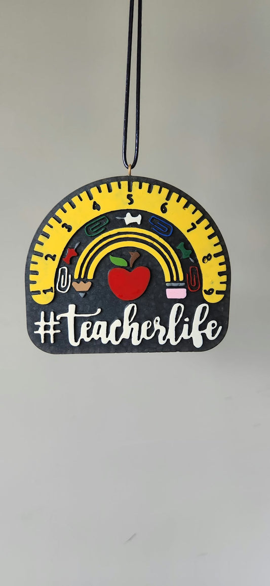 Teacher Life circular pendant with rainbow arc, red heart, and #TeacherLife design