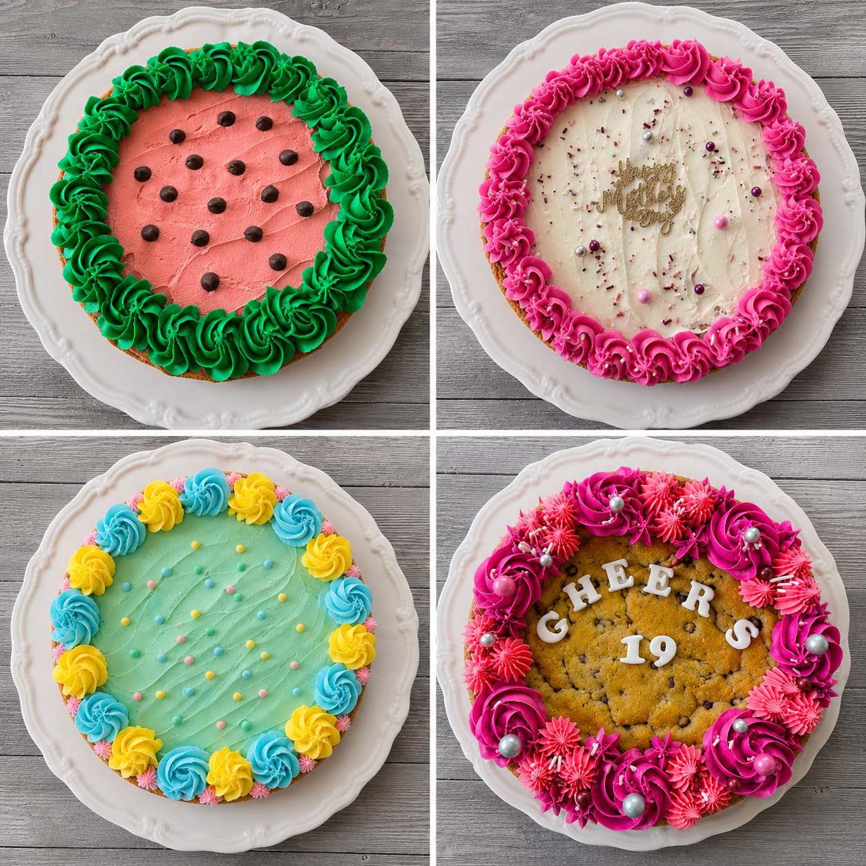 Chocolate chip cookie cake with multi-color frosting rosettes (pink, green, blue, yellow)
