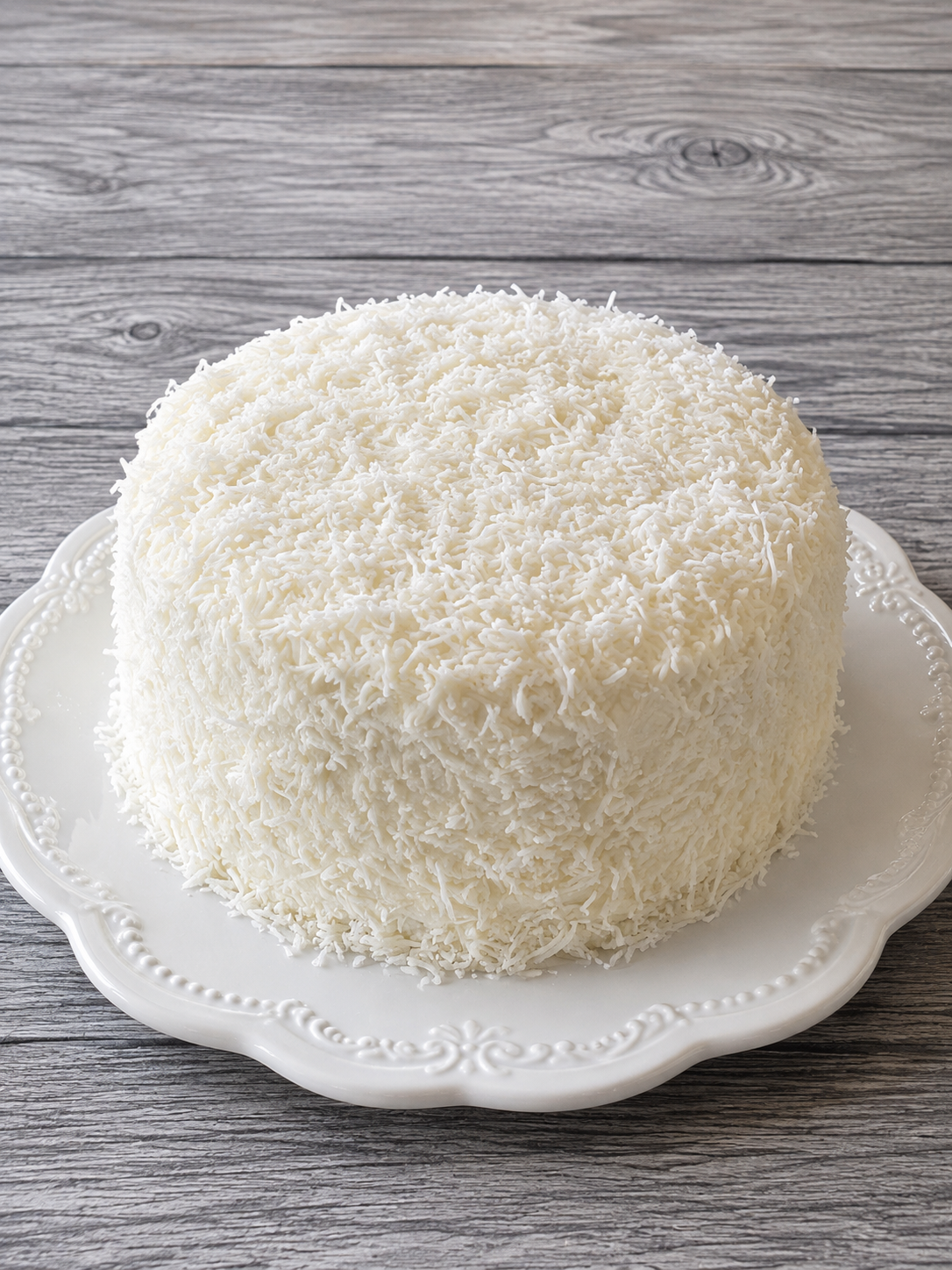 Coconut chocolate cake, whole dome with white coconut frosting on decorative plate