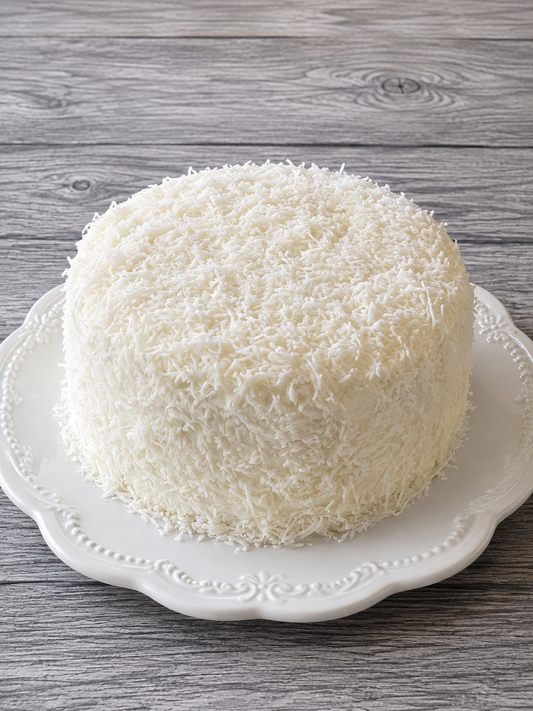 Coconut chocolate cake, whole dome with white coconut frosting on decorative plate