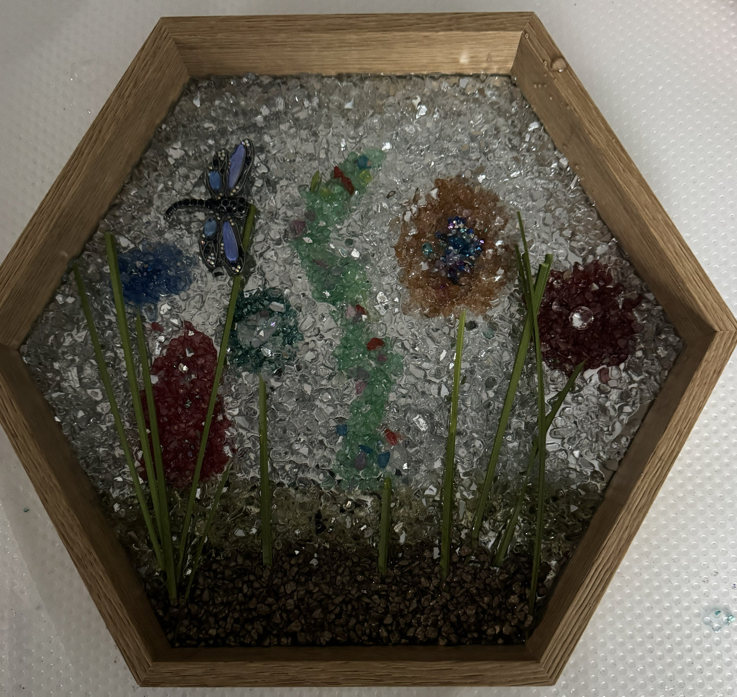 Beautiful shelf sitting Framed Cut Glass Pictures.