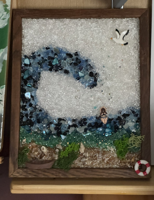 Ocean-themed framed wall art with glitter water, dolphin, mermaid, and life preserver