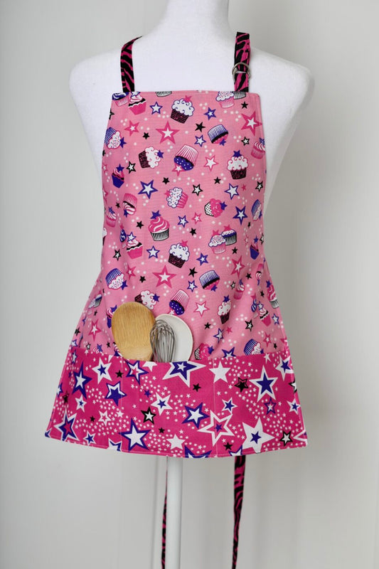 Reversible Child's Apron - Cupcake and Stars Pattern (Pink)