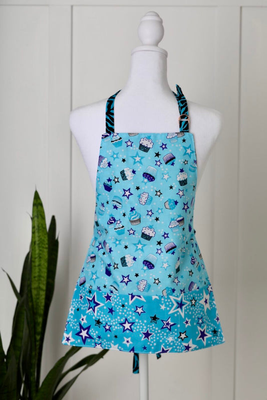 Reversible Child’s Apron – Cupcake and Stars Pattern (Blue)