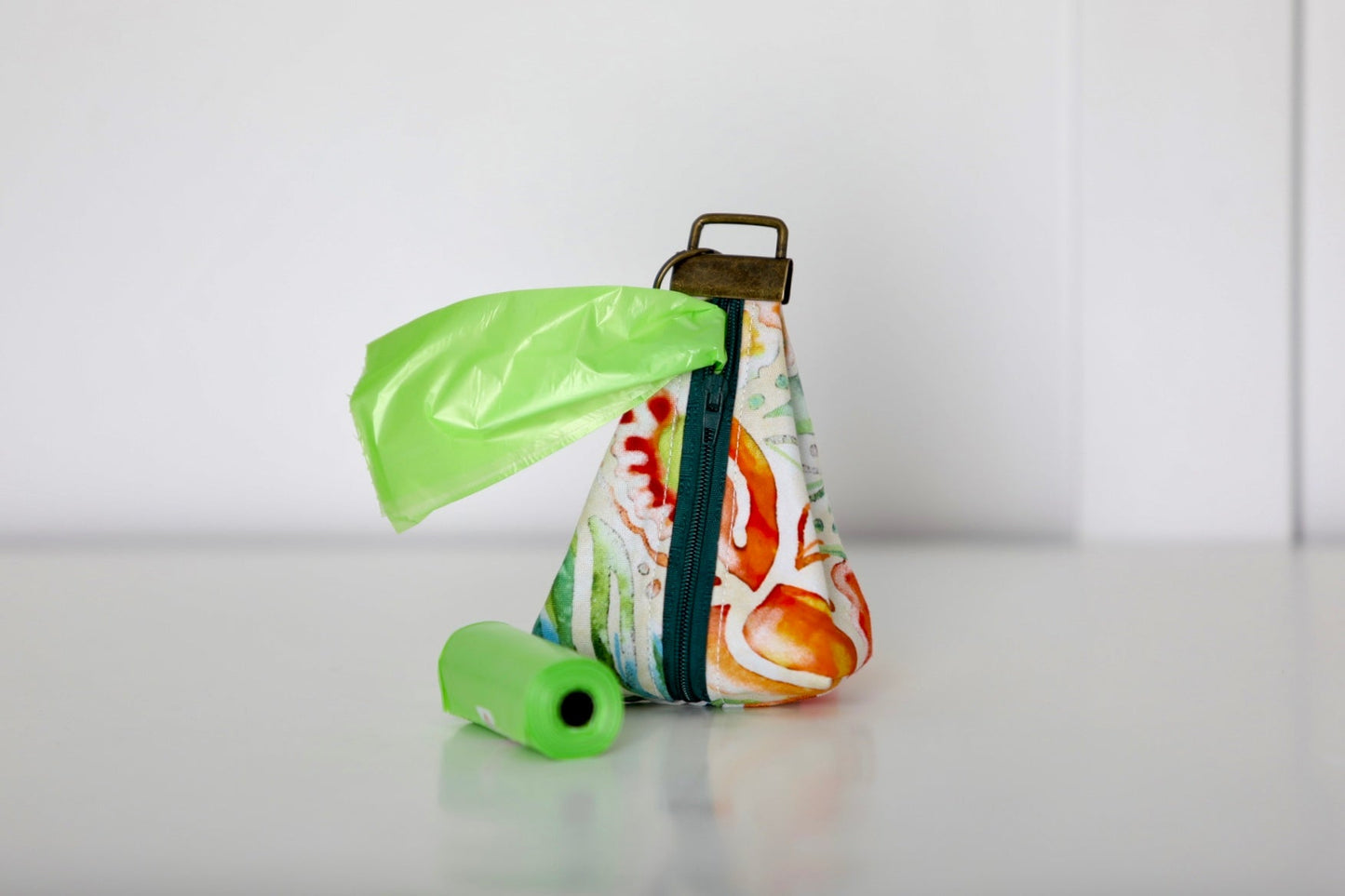 Poop Bag Holder – Keychain (Orange & Green Leaf Design)