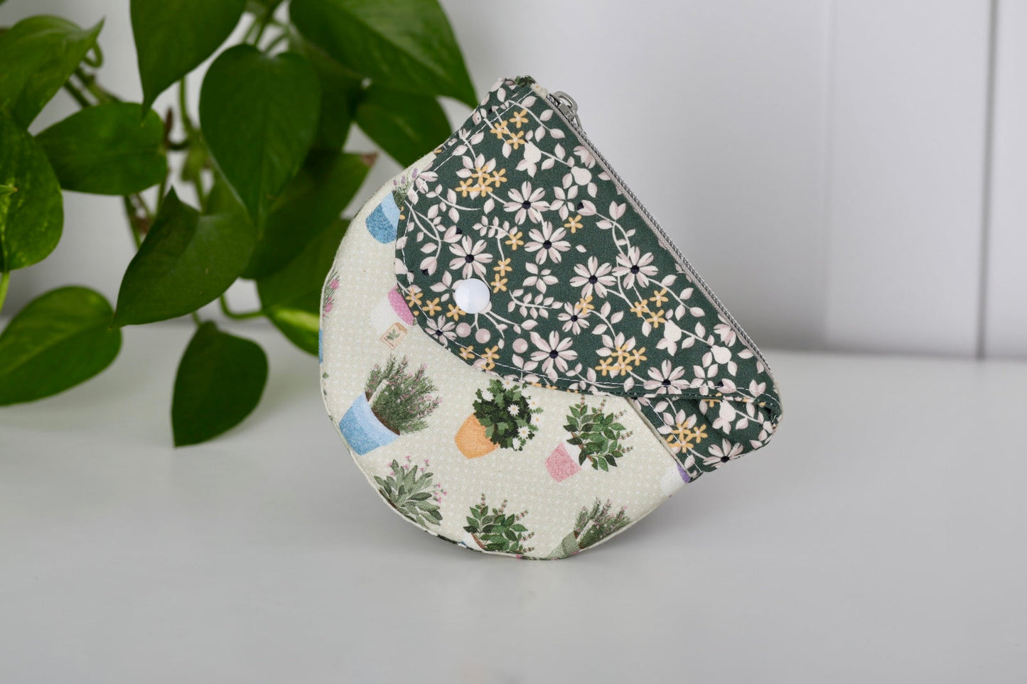 Floral Zipper Pouch with Snap Flap & Zipper (Flower Pots)