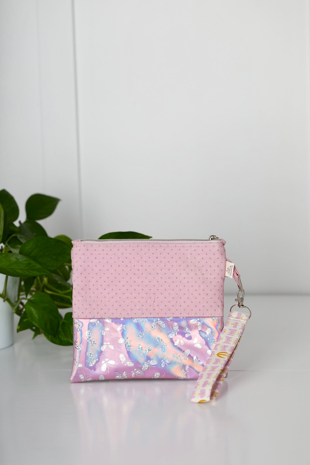 Zipper Pouch with Removable Wristlet (Top: Pink; Bottom: Pink/Purple Pattern)