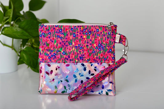 Zipper Pouch with Removable Wristlet (Top: Hot Pink Floral; Bottom: Butterfly Pattern)