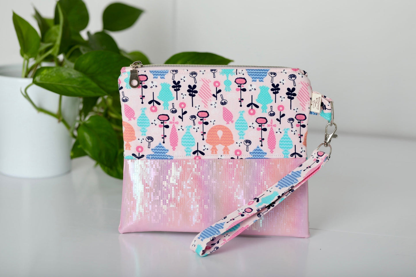 Zipper Pouch with Removable Wristlet (Top: Whimsical Flowers; Bottom: Shimmer Pink)