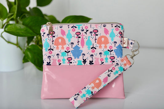 Zipper Pouch with Removable Wristlet (Top: Whimsical Flowers; Bottom: Solid Pink)