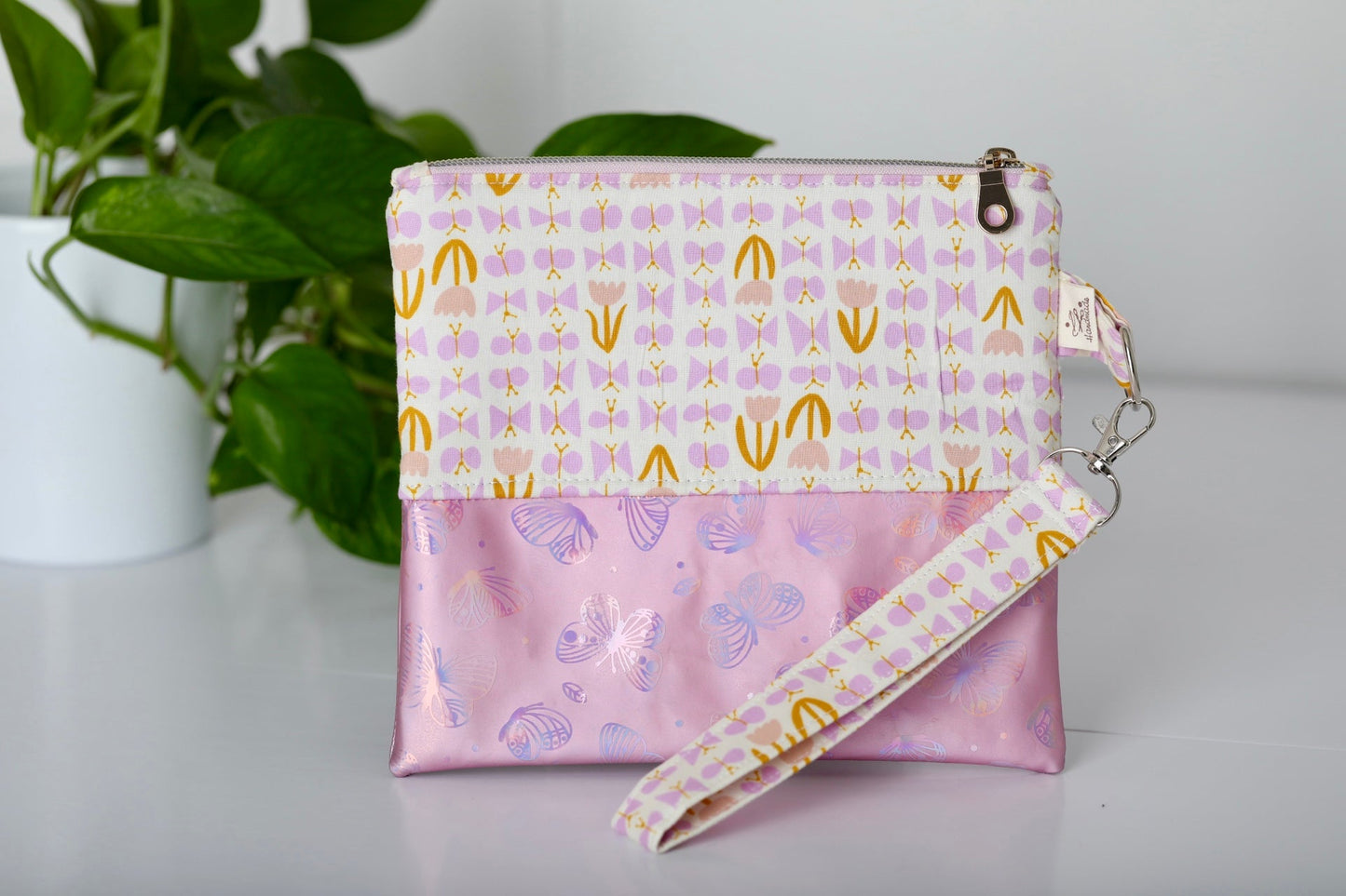 Zipper Pouch with Removable Wristlet (Pink Butterflies)