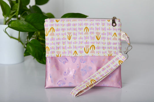 Zipper Pouch with Removable Wristlet (Pink Butterflies)