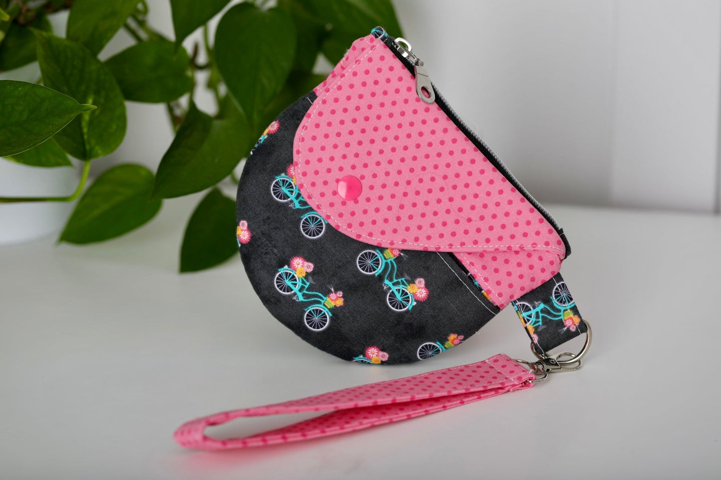 Floral Wristlet Pouch with Snap Flap & Zipper (Bicycles)