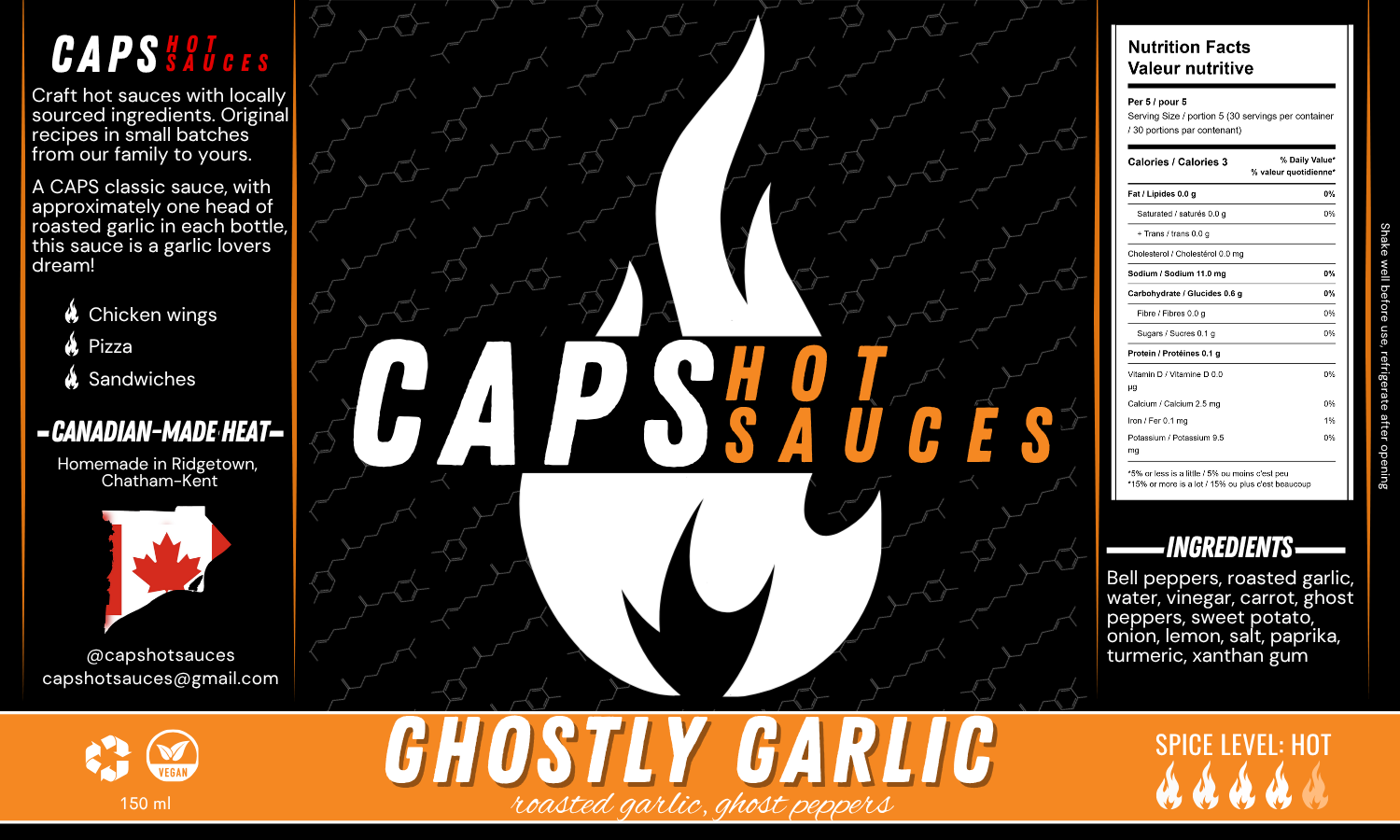Caps Hot Sauces hot sauce bottle with fiery flame logo and Ghostly Garlic label