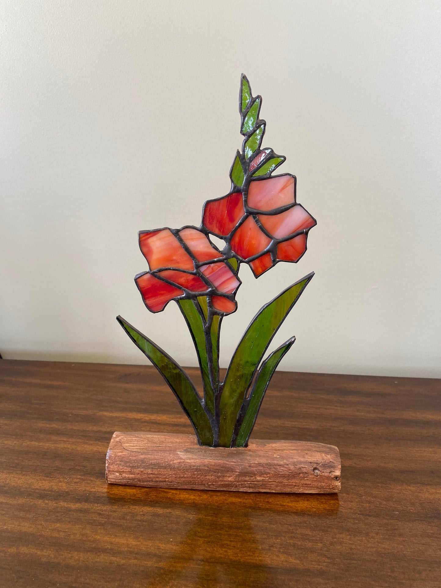 Stained Glass Gladiolus Inlaid on Driftwood Base - available in a variety of colours to choose from