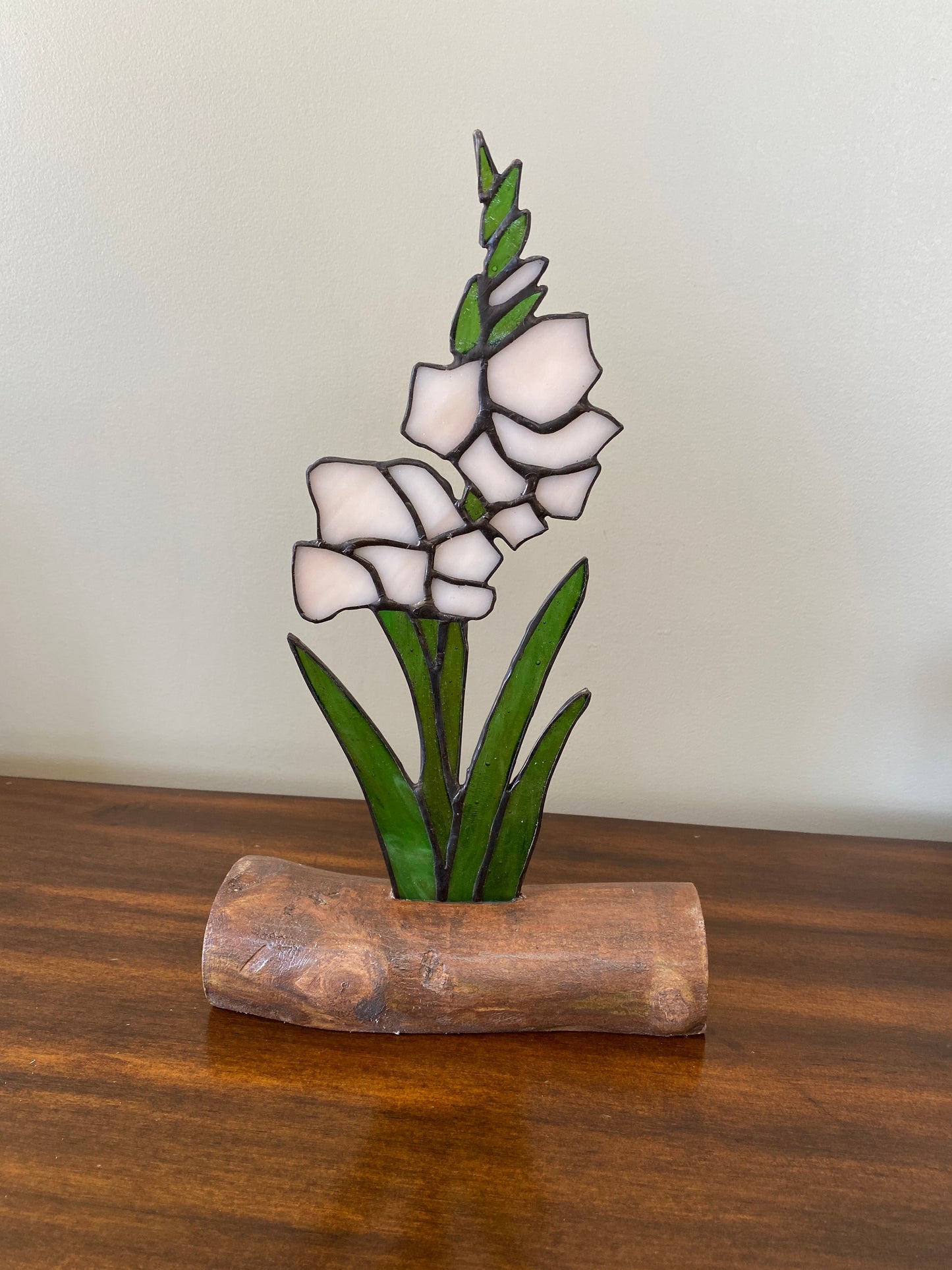 Stained Glass Gladiolus Inlaid on Driftwood Base - available in a variety of colours to choose from
