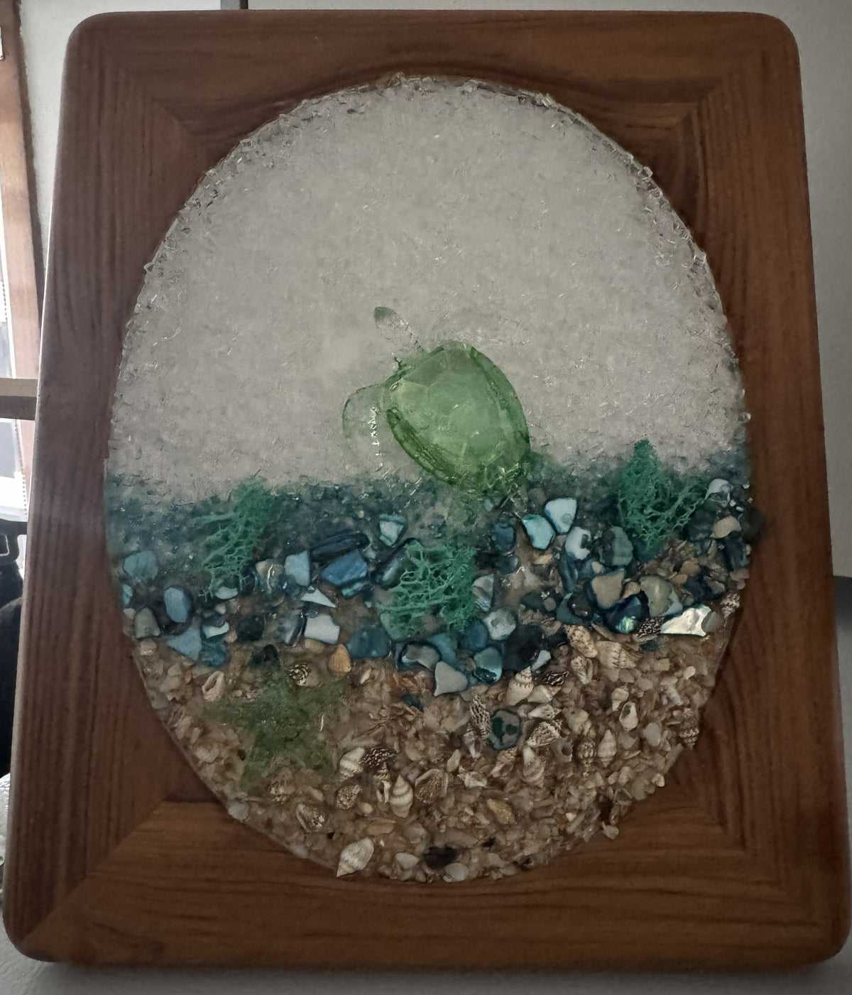 Sea-themed glass turtle ornament in wooden frame, green turtle with blue and clear glass