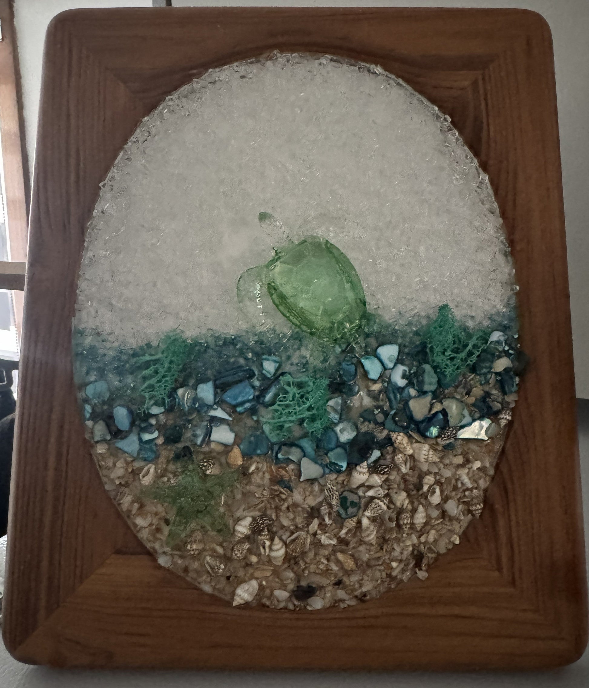 Sea-themed glass turtle ornament in wooden frame, green turtle with blue and clear glass