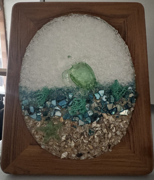 Sea-themed glass turtle ornament in wooden frame, green turtle with blue and clear glass