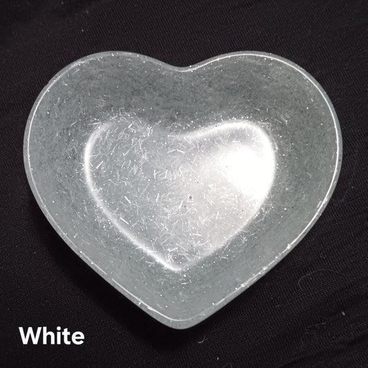 White heart trinket dish with clear sparkles and silver edging