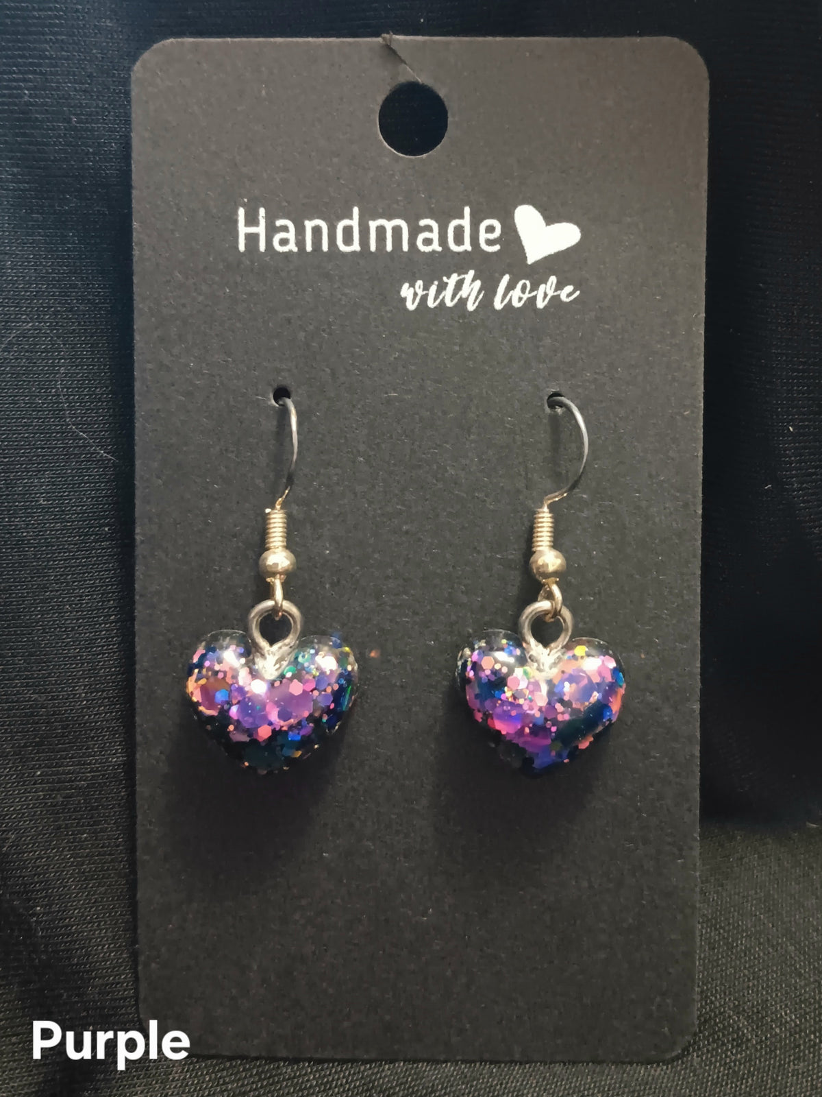 Purple heart dangle earrings with bead accents and fishhook hooks