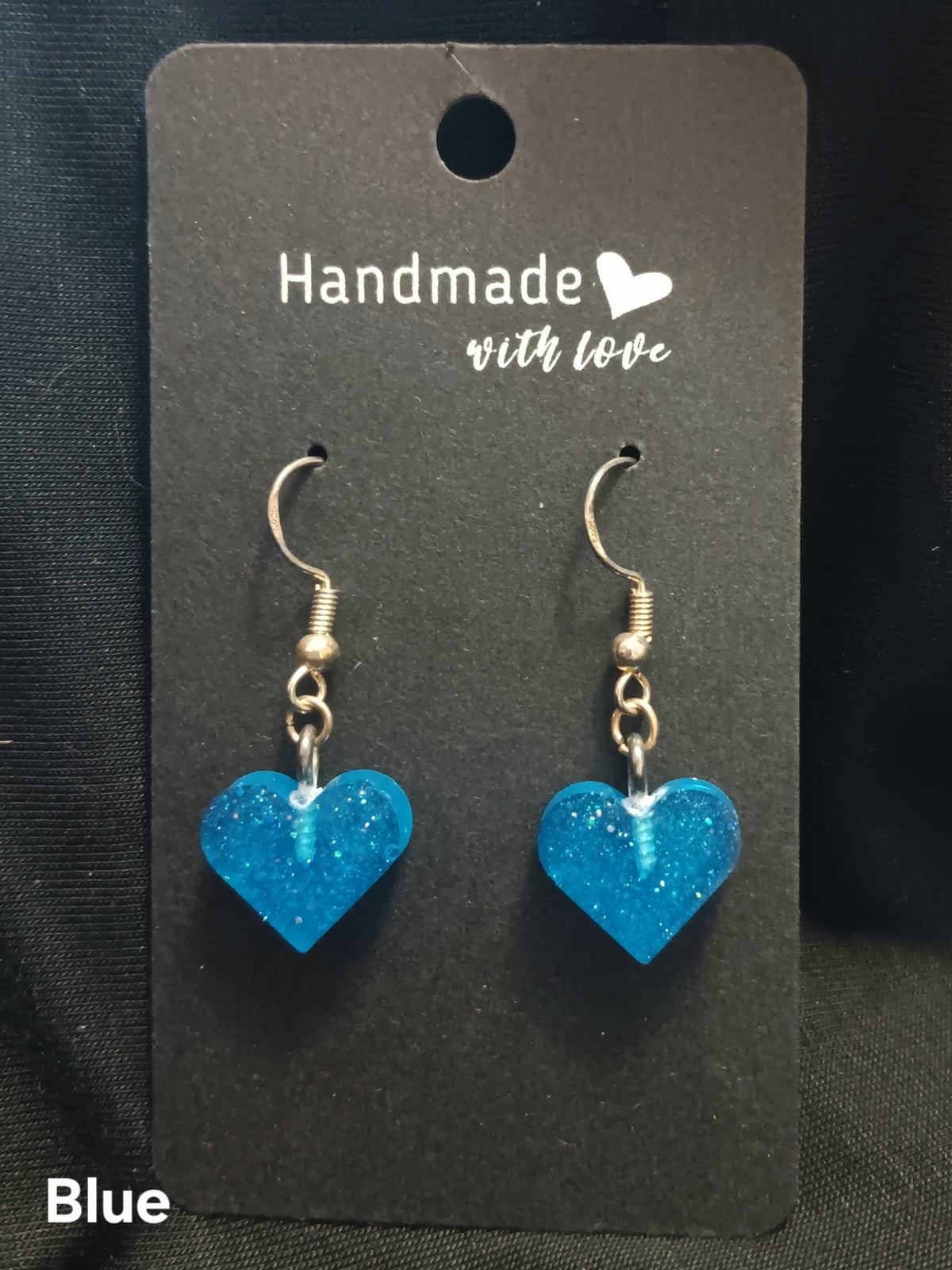 Blue heart dangle earrings with bead accents and fishhook hooks