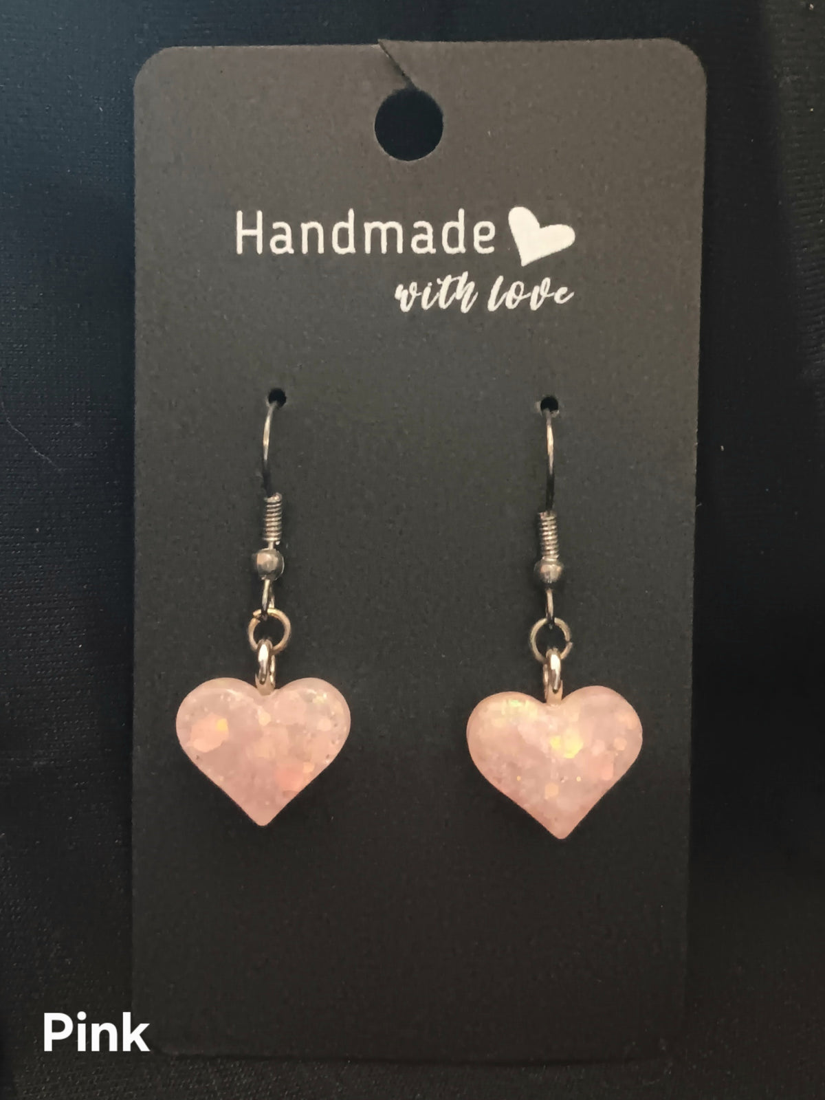 Pink heart dangle earrings with bead accents and fishhook hooks