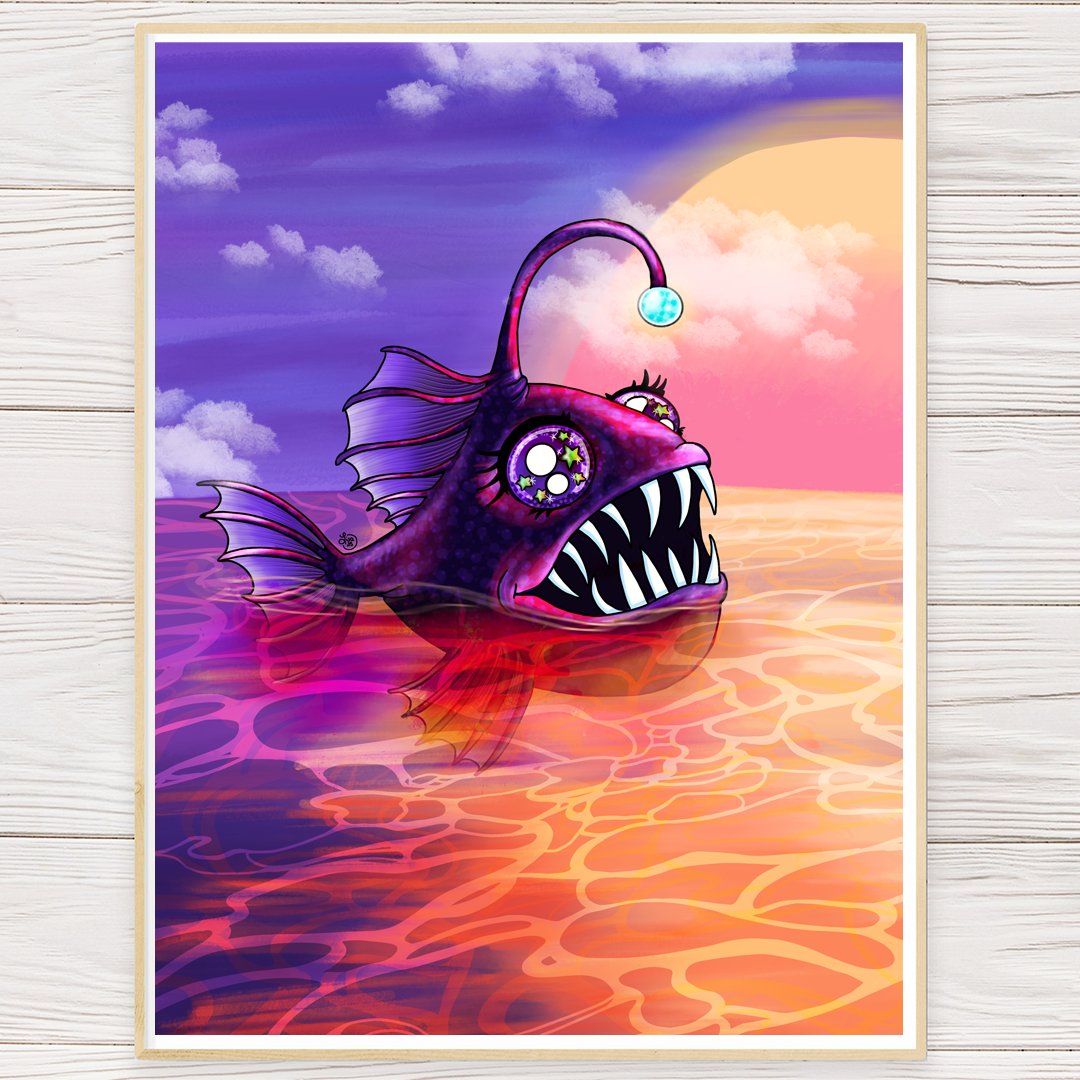 Fantasy shark art print with purple and pink body, glowing eye, desert sunset sky