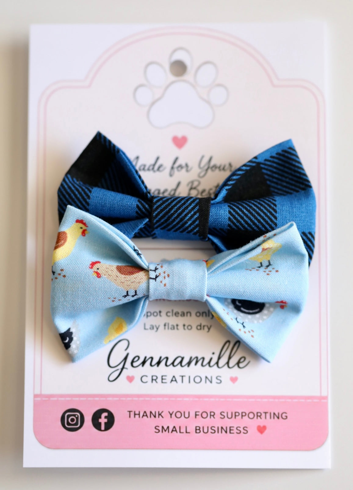 Dog bow tie with blue fabric and chicken print, tied in a bow