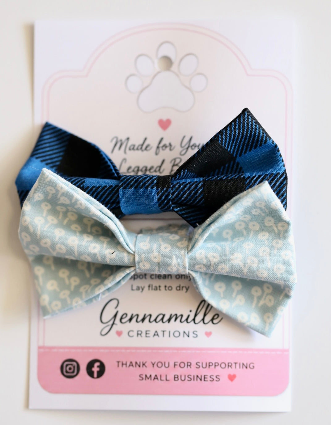 Dog bow tie with blue striped top and light blue pattern bottom