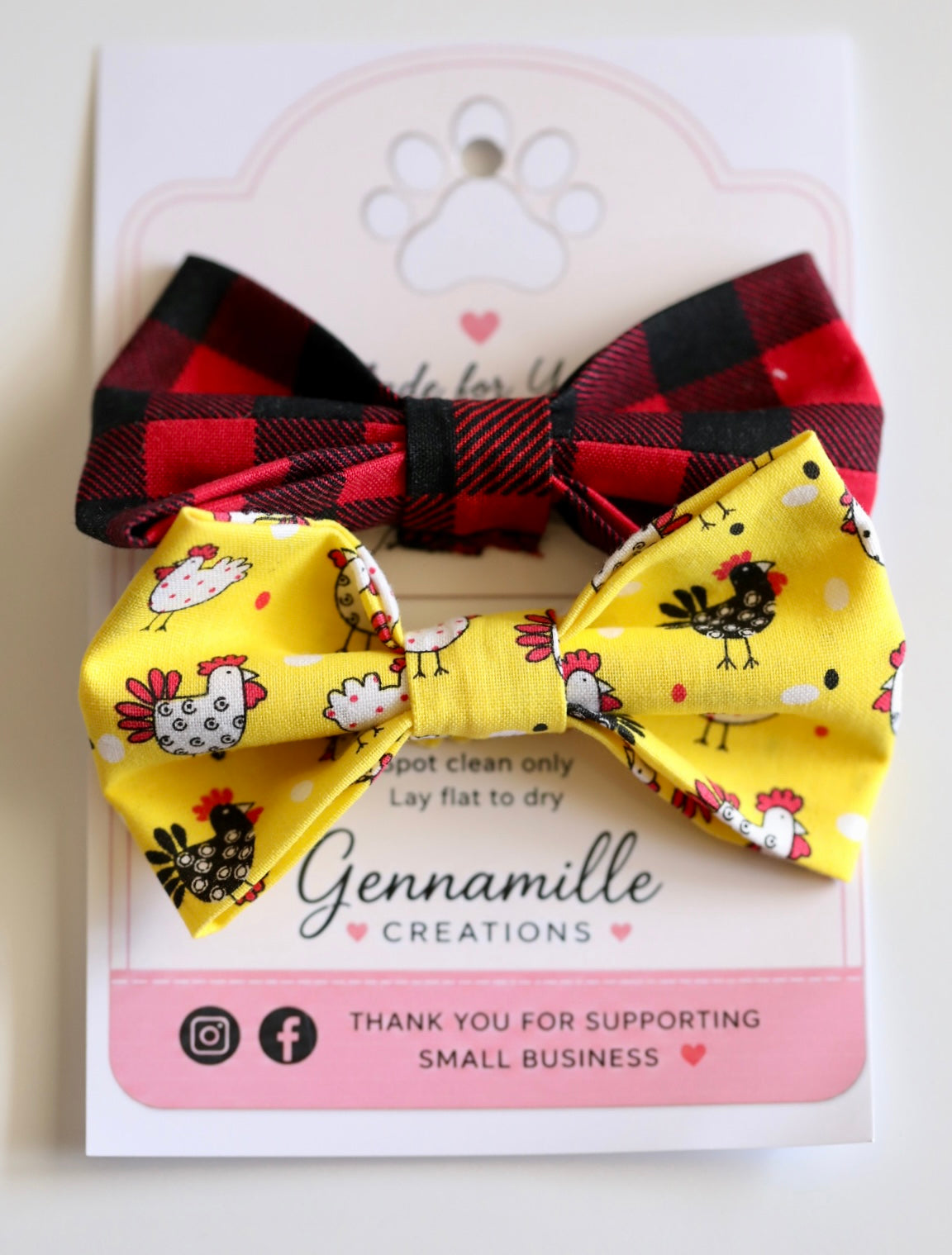 Dog bow tie with red-and-black buffalo plaid and yellow animal print bow