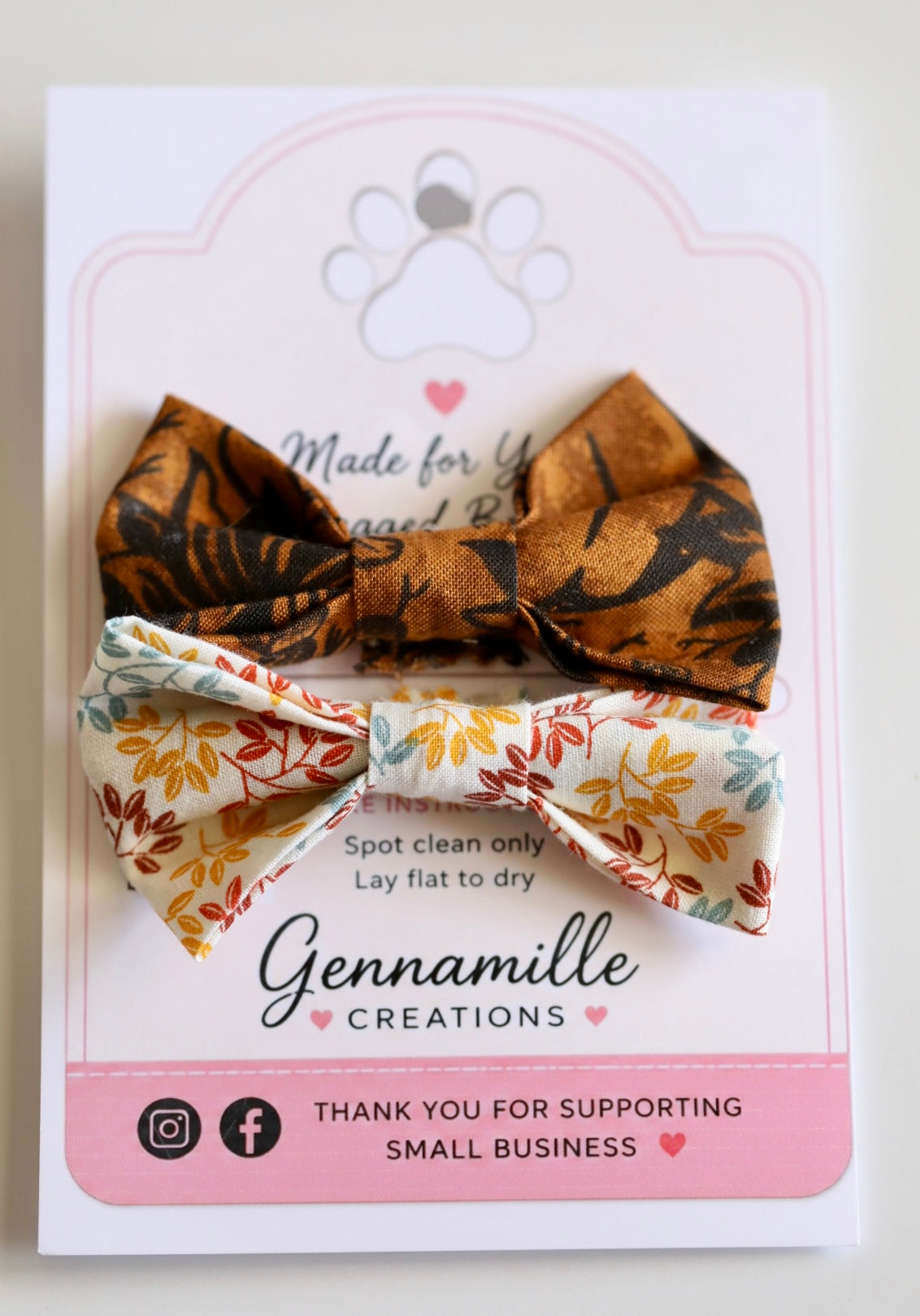 Dog bow tie with brown tiger stripe top and floral leaf print bottom