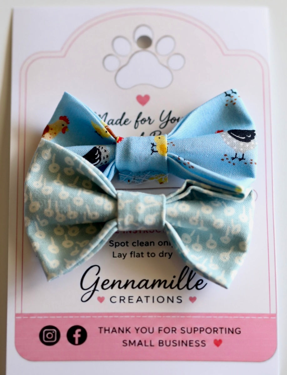 Blue patterned dog bow tie with layered bow center